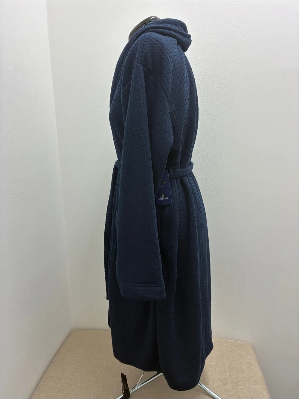 Stafford Navy Waffle Fleece Lined Bath Robe with Belt